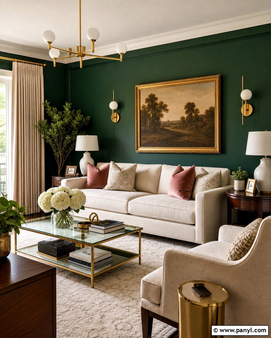 Dark Green Accent Wall With Gold Decor - 20 dark green accent wall living room ideas