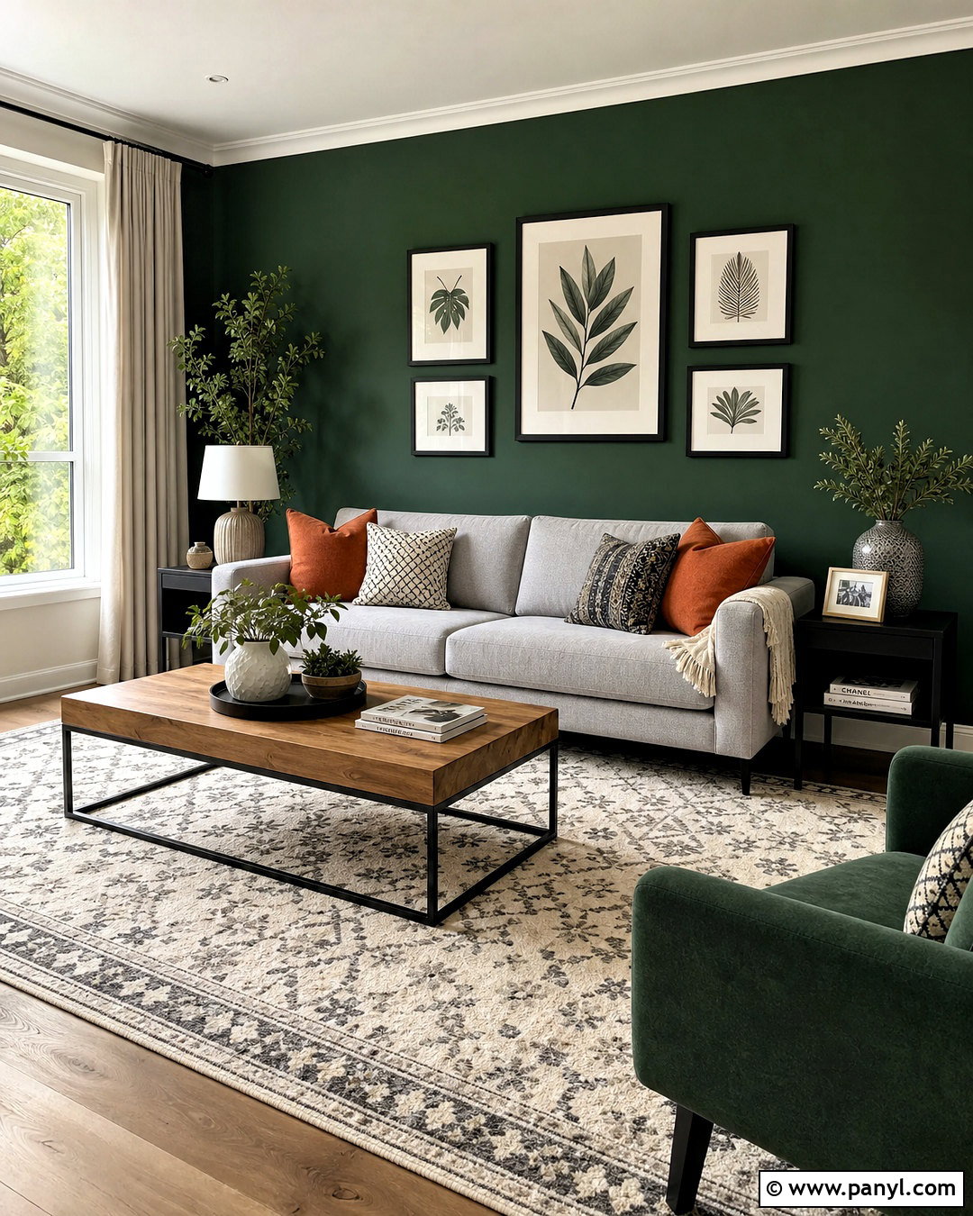 Dark Green Accent Wall With Grey Sofa - 20 dark green and grey living room ideas