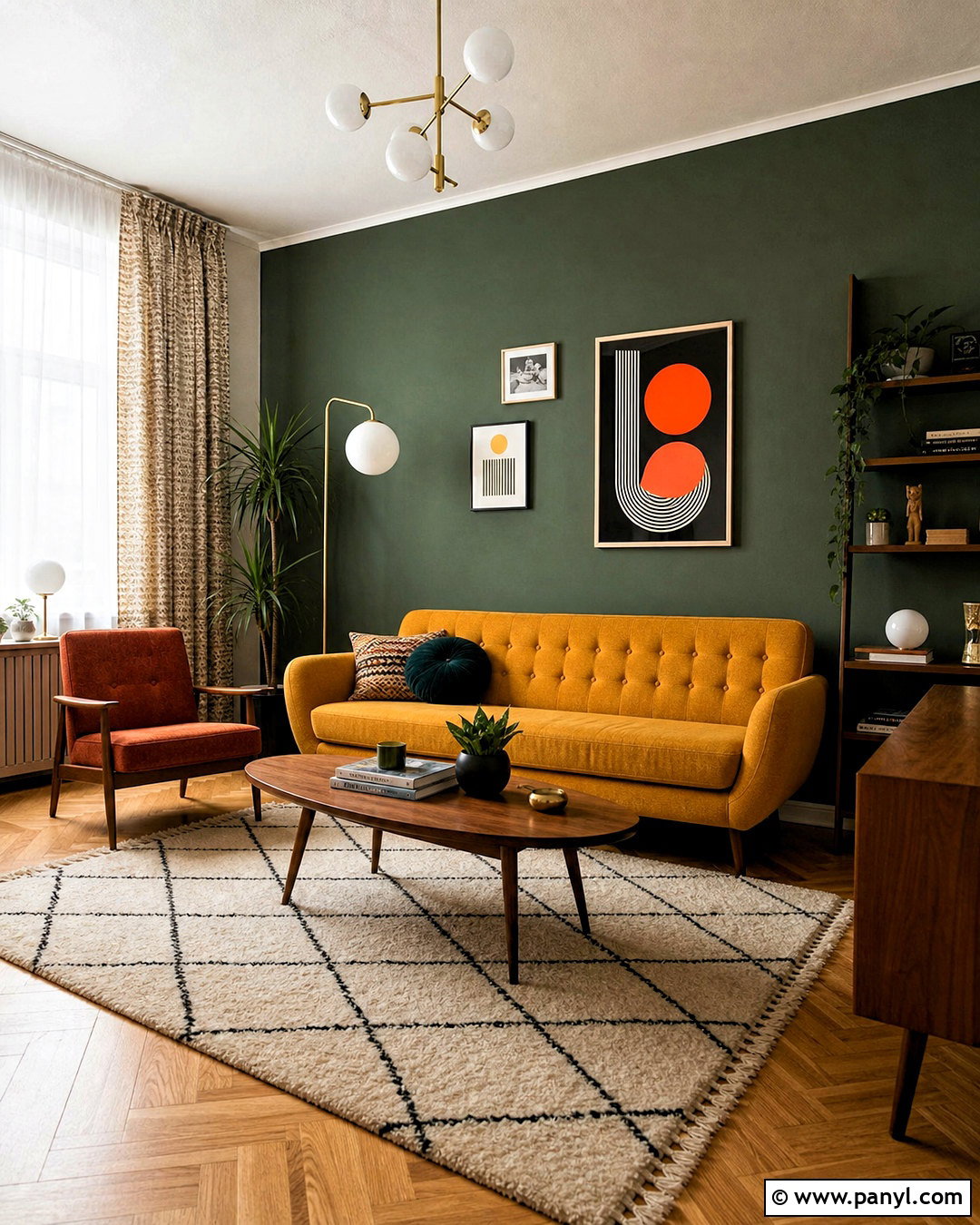 Dark Green Accent Wall With Mustard Sofa - 20 dark green accent wall living room ideas
