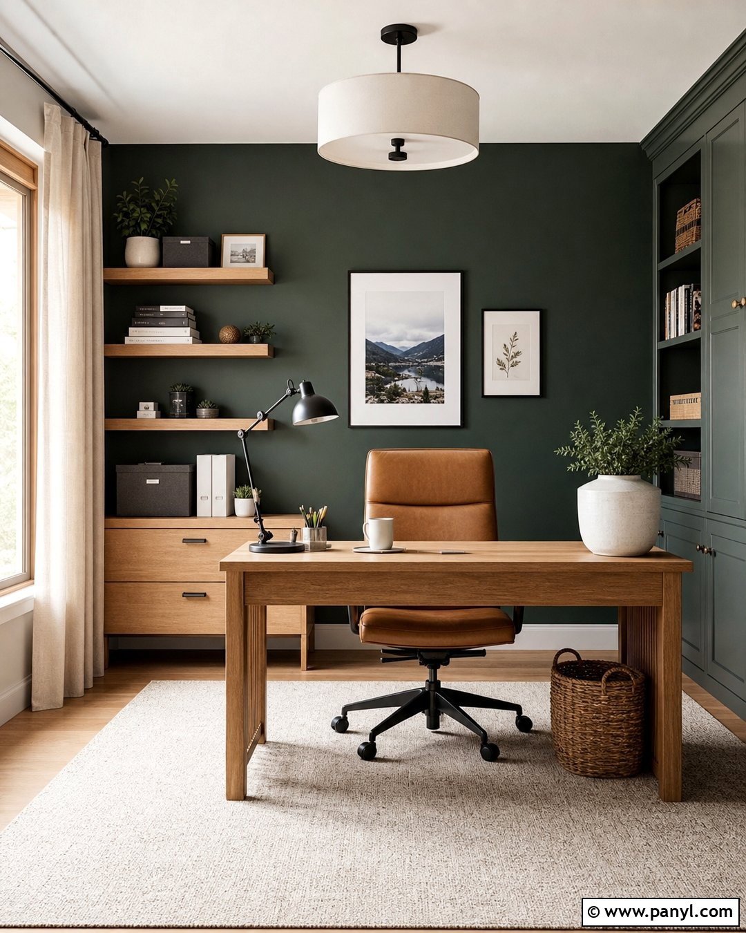Dark Green Accent Wall With Oak Desk - 45 dark green accent wall ideas