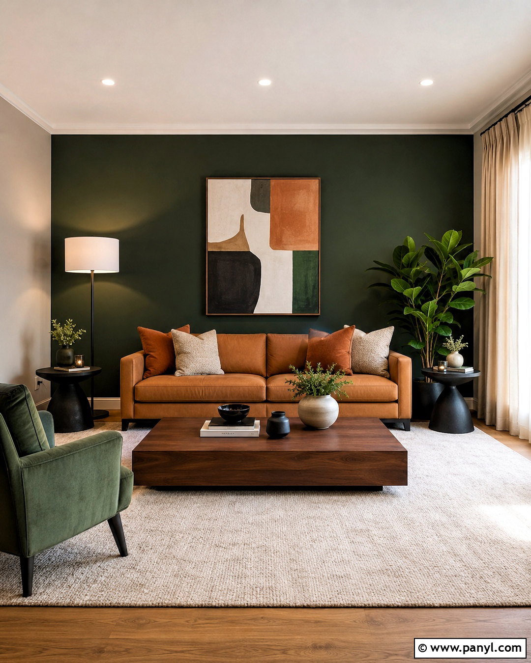 Dark Green Accent Wall With Tan Sofa - 20 dark green decor ideas