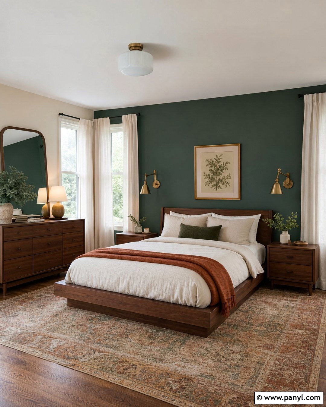 Dark Green Accent Wall With Walnut Bed - 45 dark green accent wall ideas