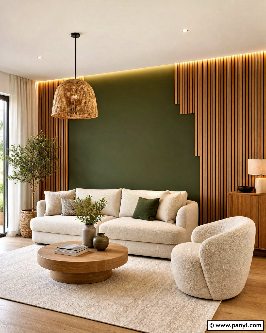Dark Green Accent Wall With Wood Slats - 20 dark green accent wall living room ideas