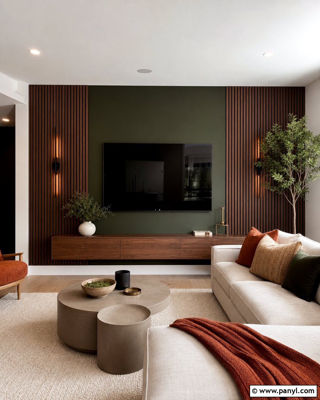 Dark Green Accent Wall With Wood Slats - 35 green accent walls
