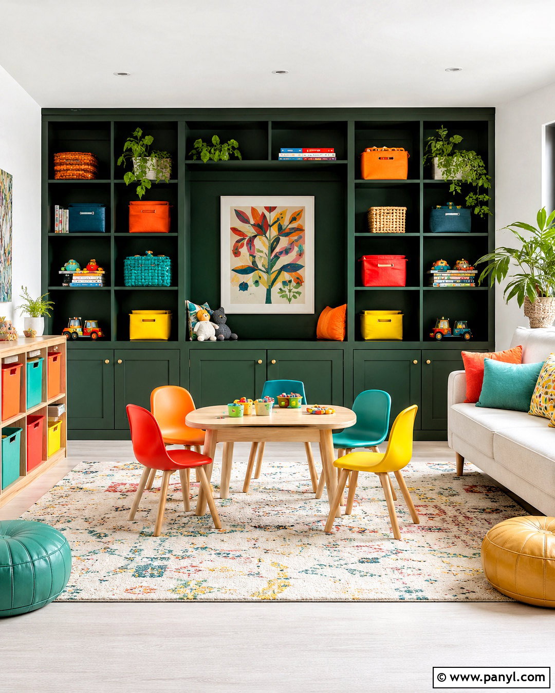 Dark Green And Bright Accent Playroom - 20 playroom color scheme ideas