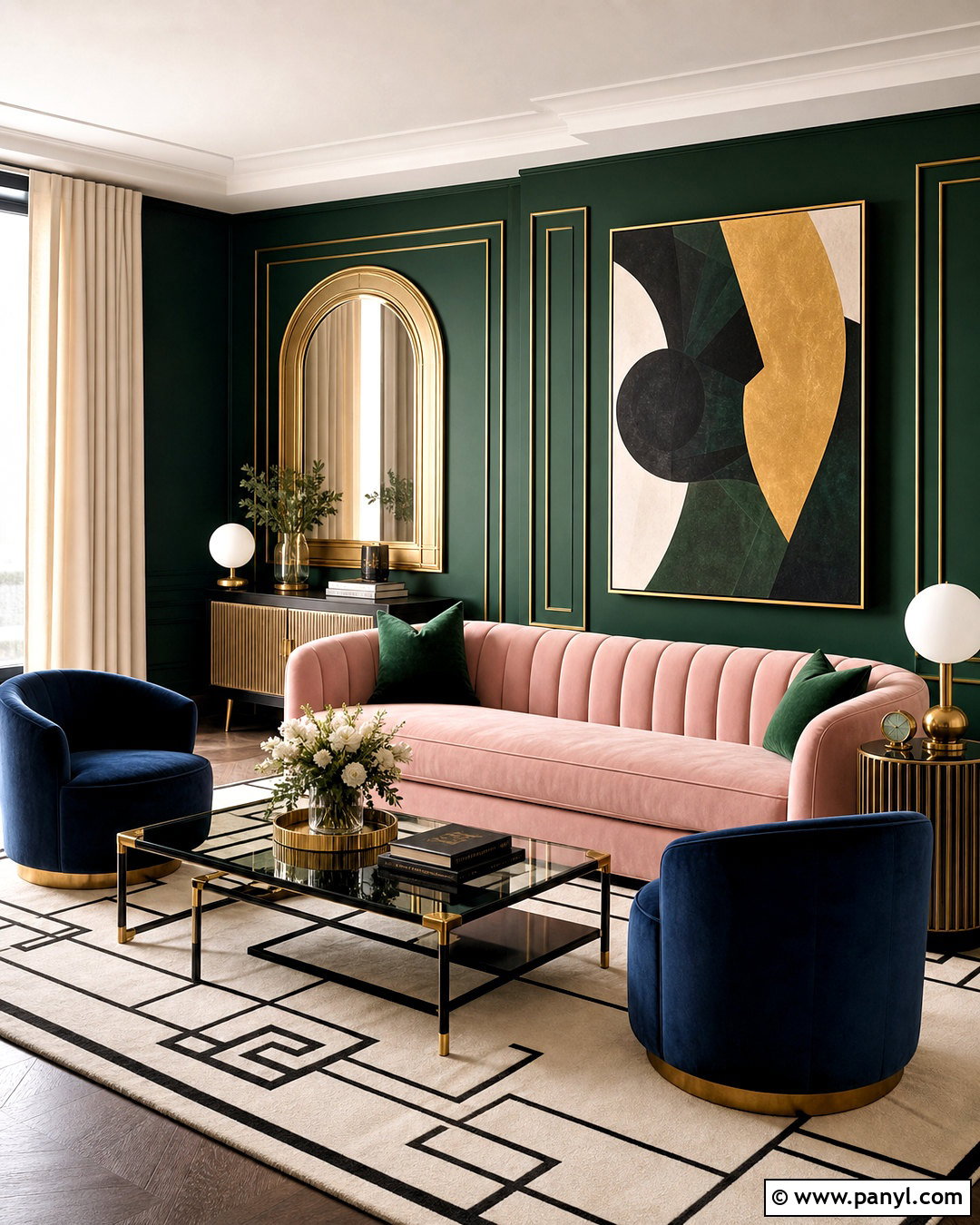 Dark Green Art Deco Living Room - 20 dark green walls living room ideas