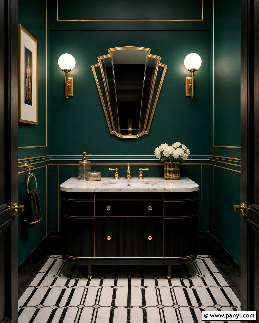 Dark Green Art Deco Powder Room - 20 dark green powder room ideas