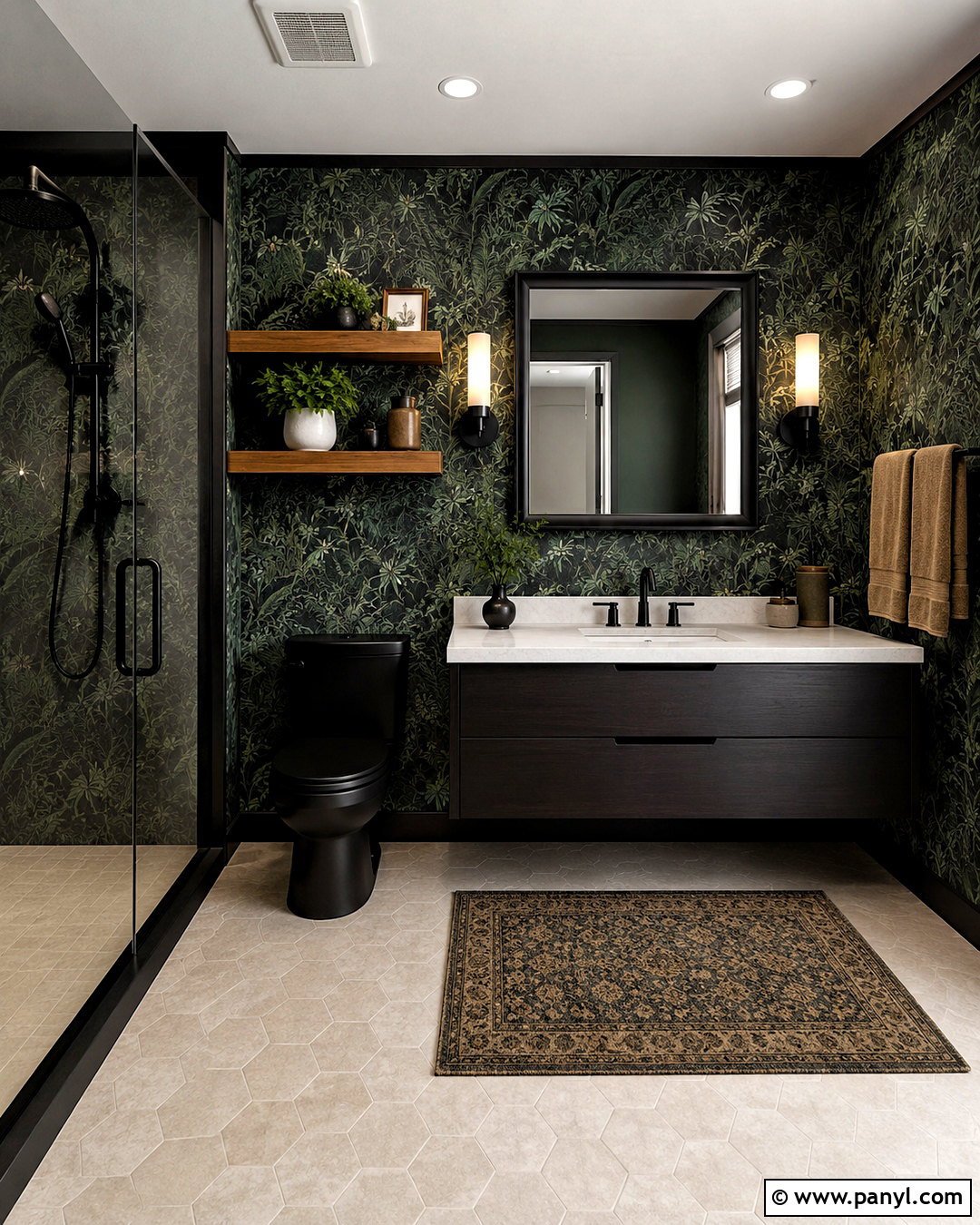 Dark Green Bathroom Wallpaper With Black Fixtures - 20 dark green bathroom decor ideas