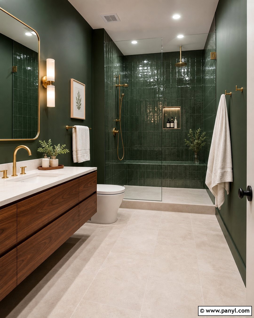 Dark Green Bathroom Walls With A Walk-In Shower - 35 dark green bathroom walls