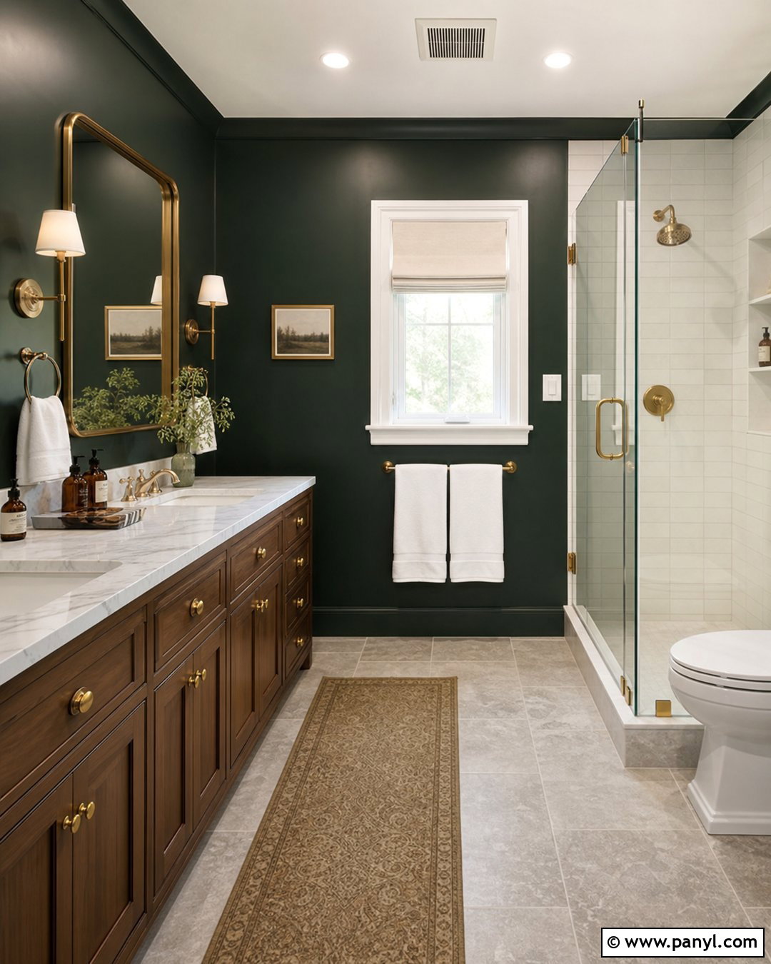 Dark Green Bathroom Walls With Brass Fixtures - 35 Bathroom Green Walls