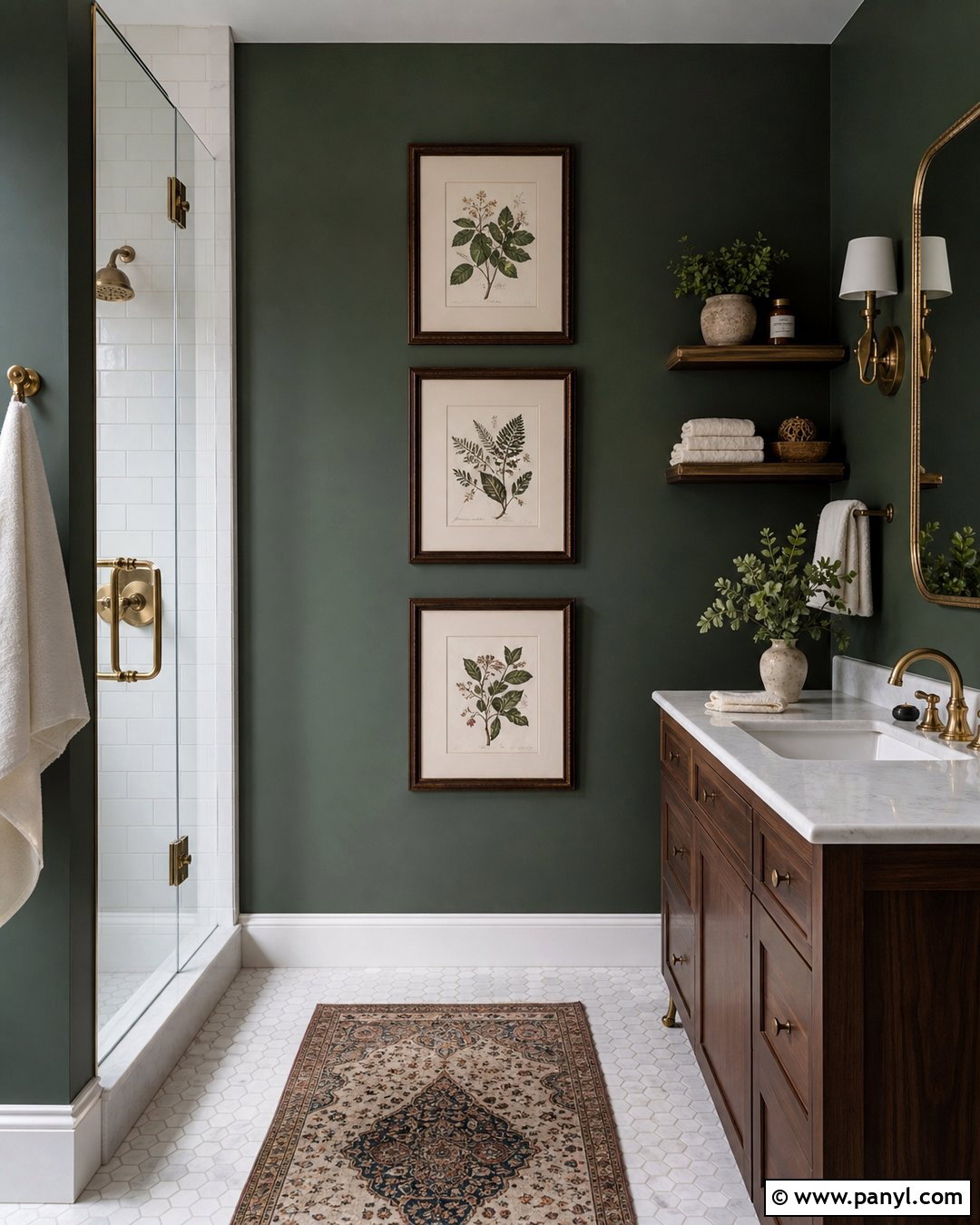Dark Green Bathroom Walls With Gallery Art - 35 dark green bathroom walls