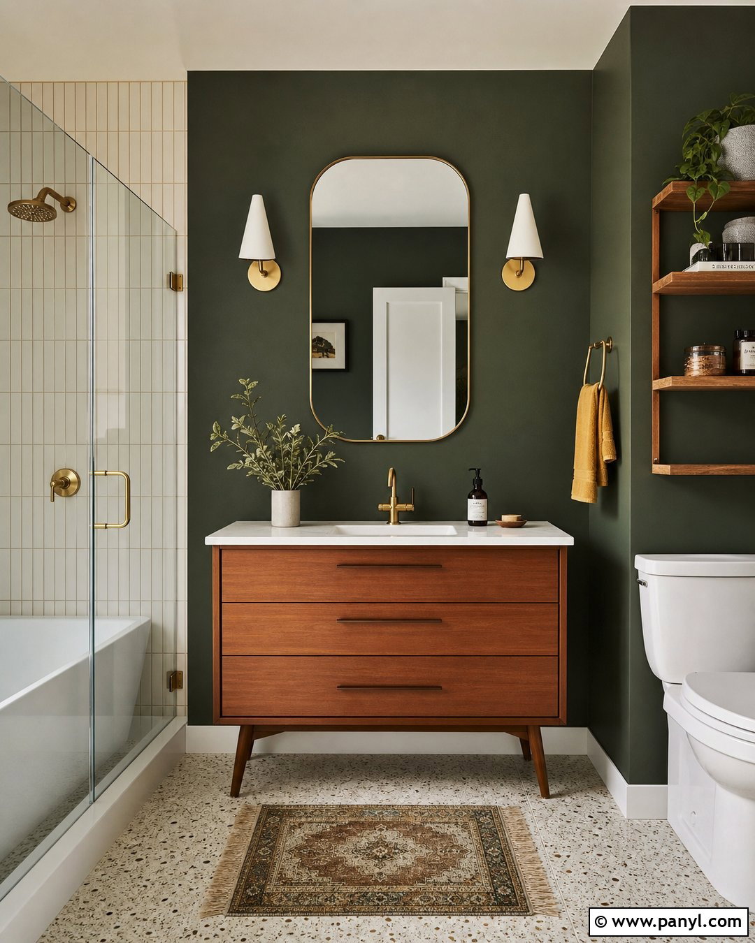Dark Green Bathroom Walls With Midcentury Decor - 35 dark green bathroom walls
