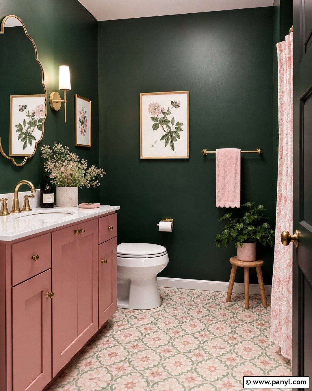 Dark Green Bathroom Walls With Pink Accents - 35 dark green bathroom walls