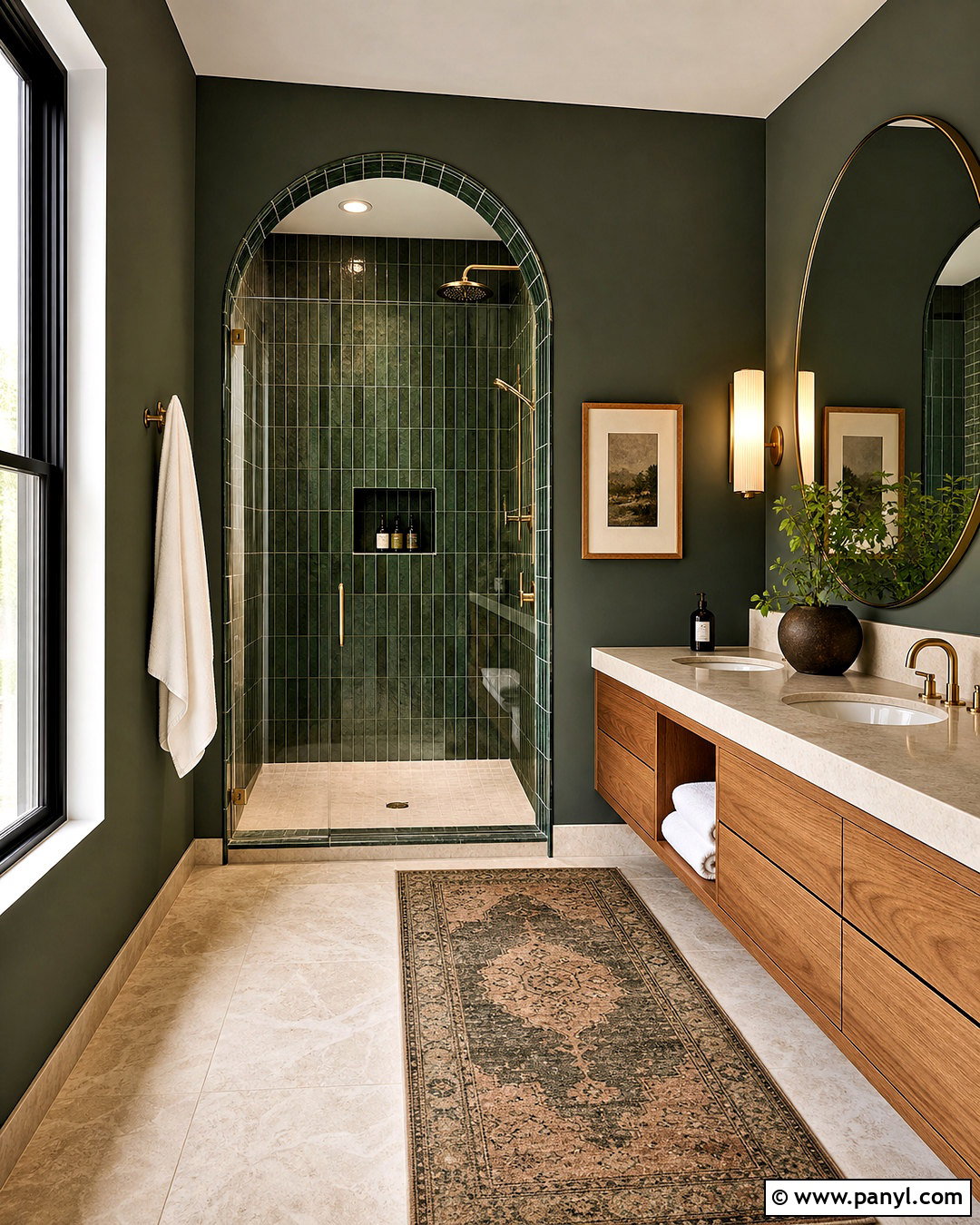 Dark Green Bathroom With Arched Shower - 20 dark green moody bathroom ideas