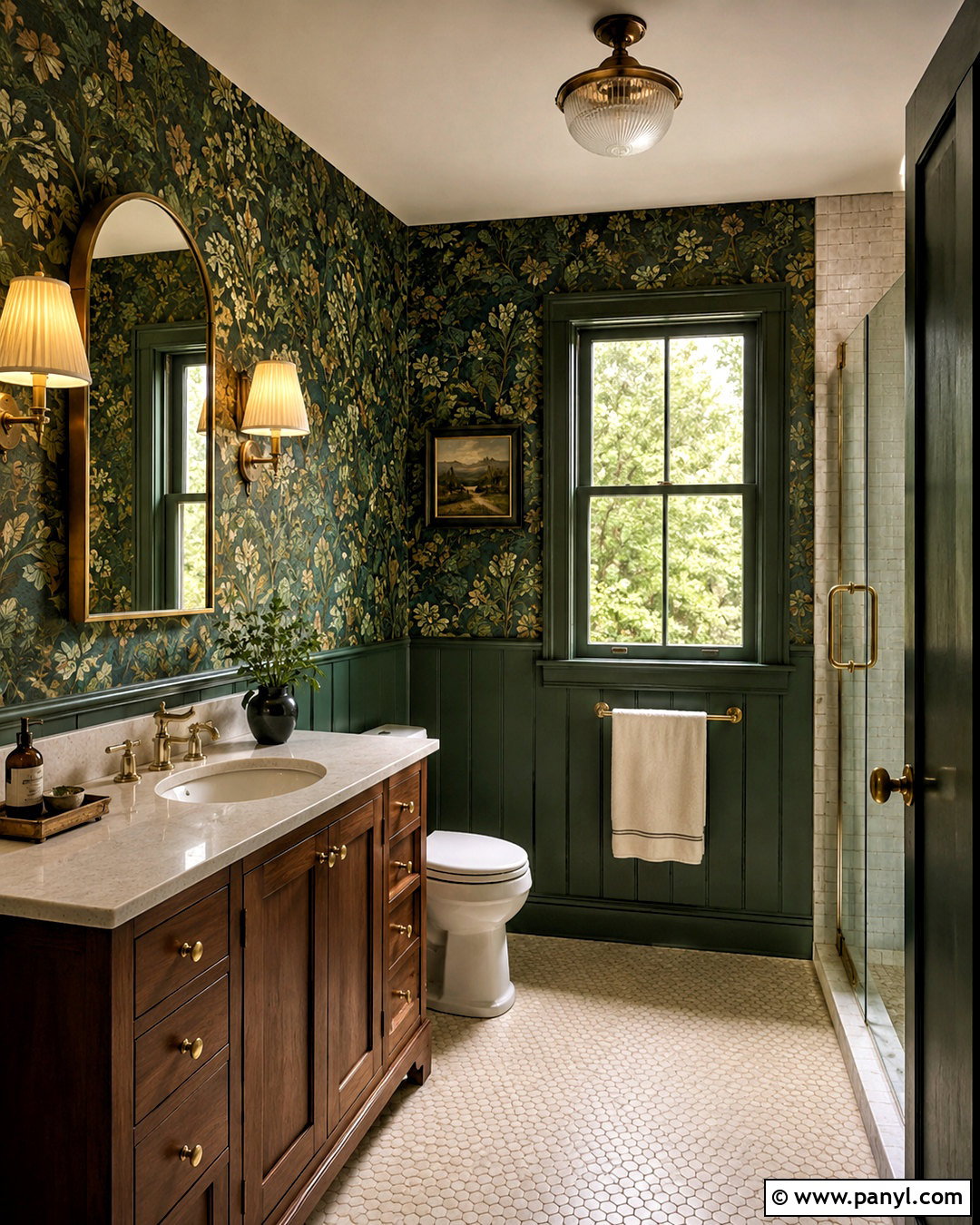 Dark Green Bathroom With Botanical Wallpaper - 20 dark green bathroom decor ideas