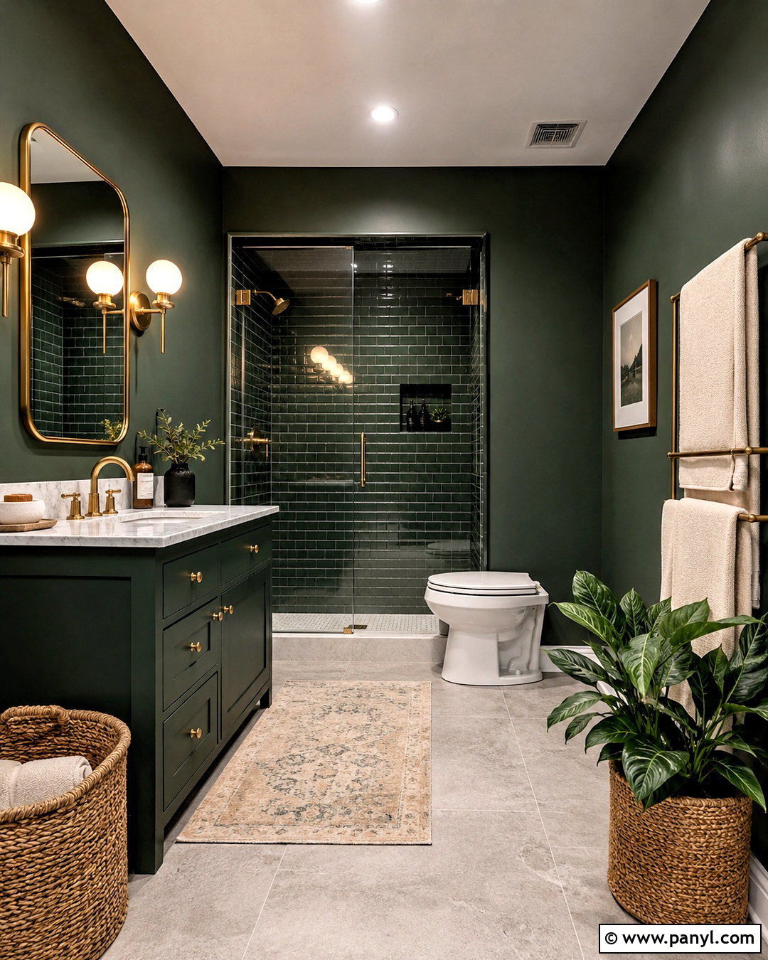 Dark Green Bathroom With Brass Fixtures - 20 dark green bathroom decor ideas