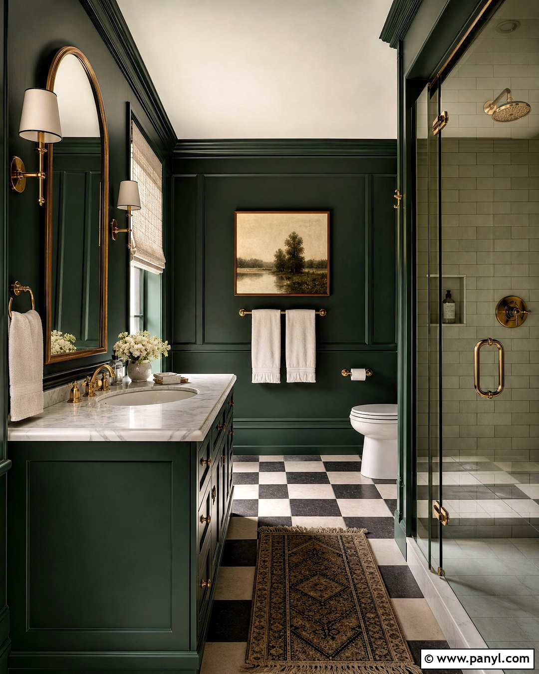 Dark Green Bathroom With Checkerboard Floor - 20 dark green moody bathroom ideas