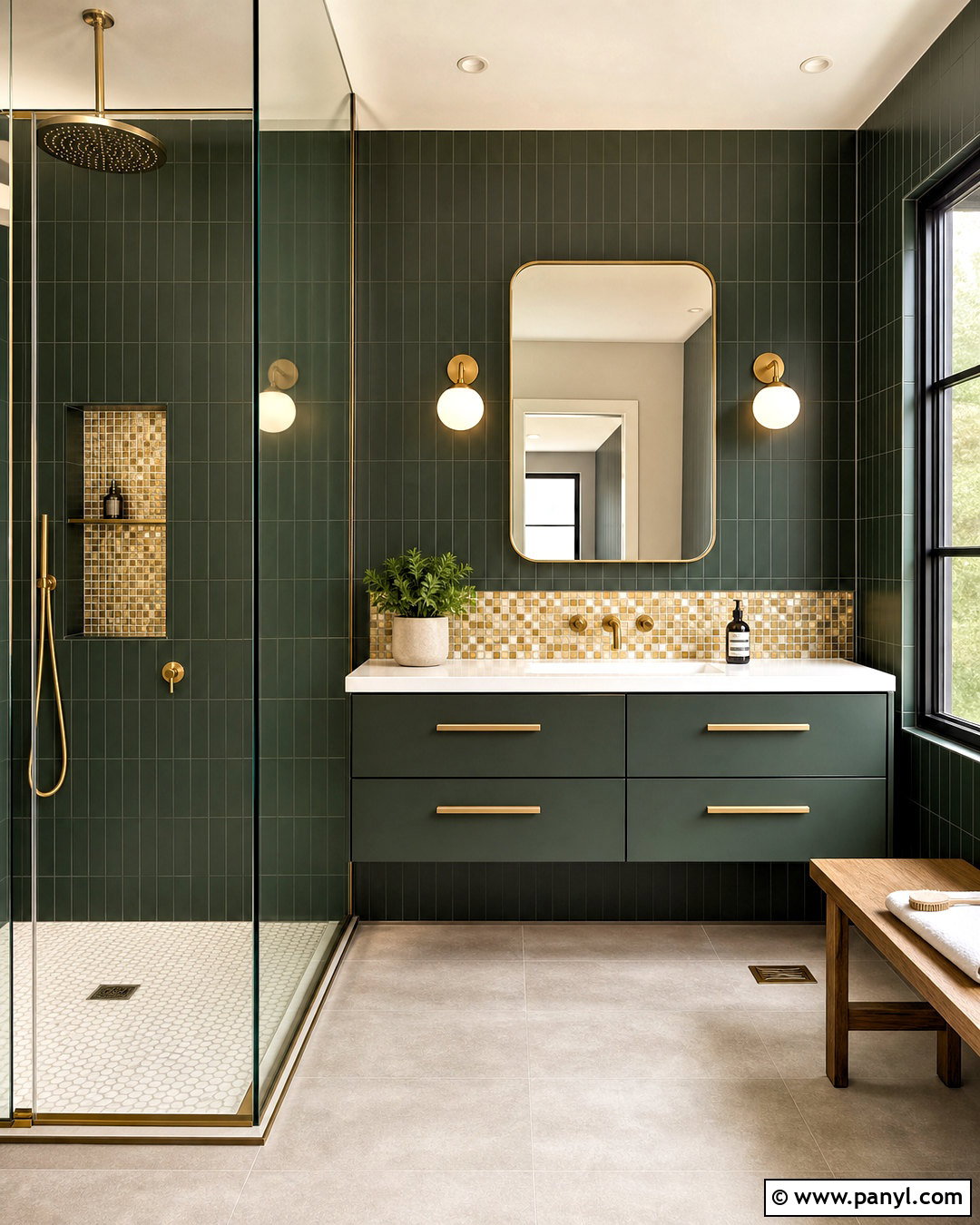 Dark Green Bathroom With Gold Mosaic Tile - 20 dark green and gold bathroom ideas