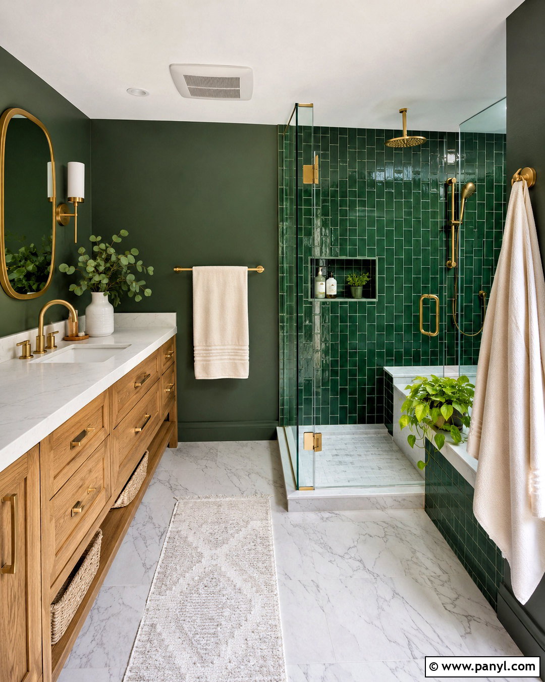 Dark Green Bathroom With Marble Tile - 20 dark green decor ideas