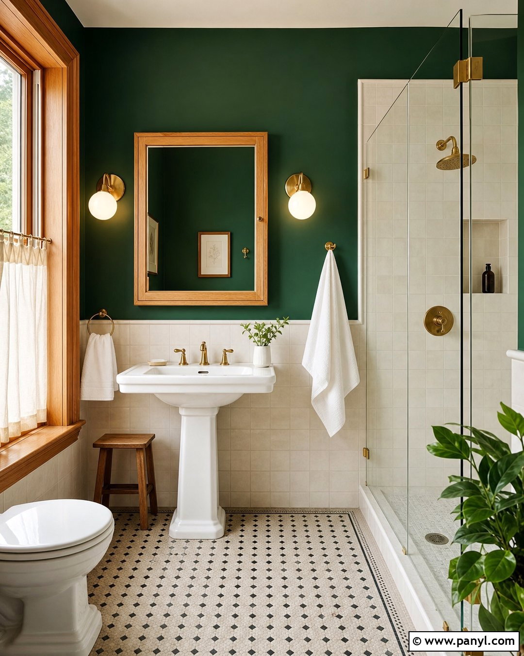 Dark Green Bathroom With Wood Trim - 20 Dark Walls Unpainted Woodwork Ideas