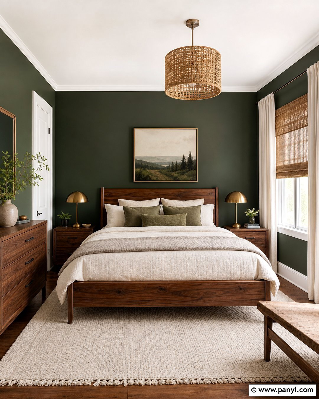 Dark Green Bedroom Wall With Walnut Furniture - 30 dark green wall color ideas