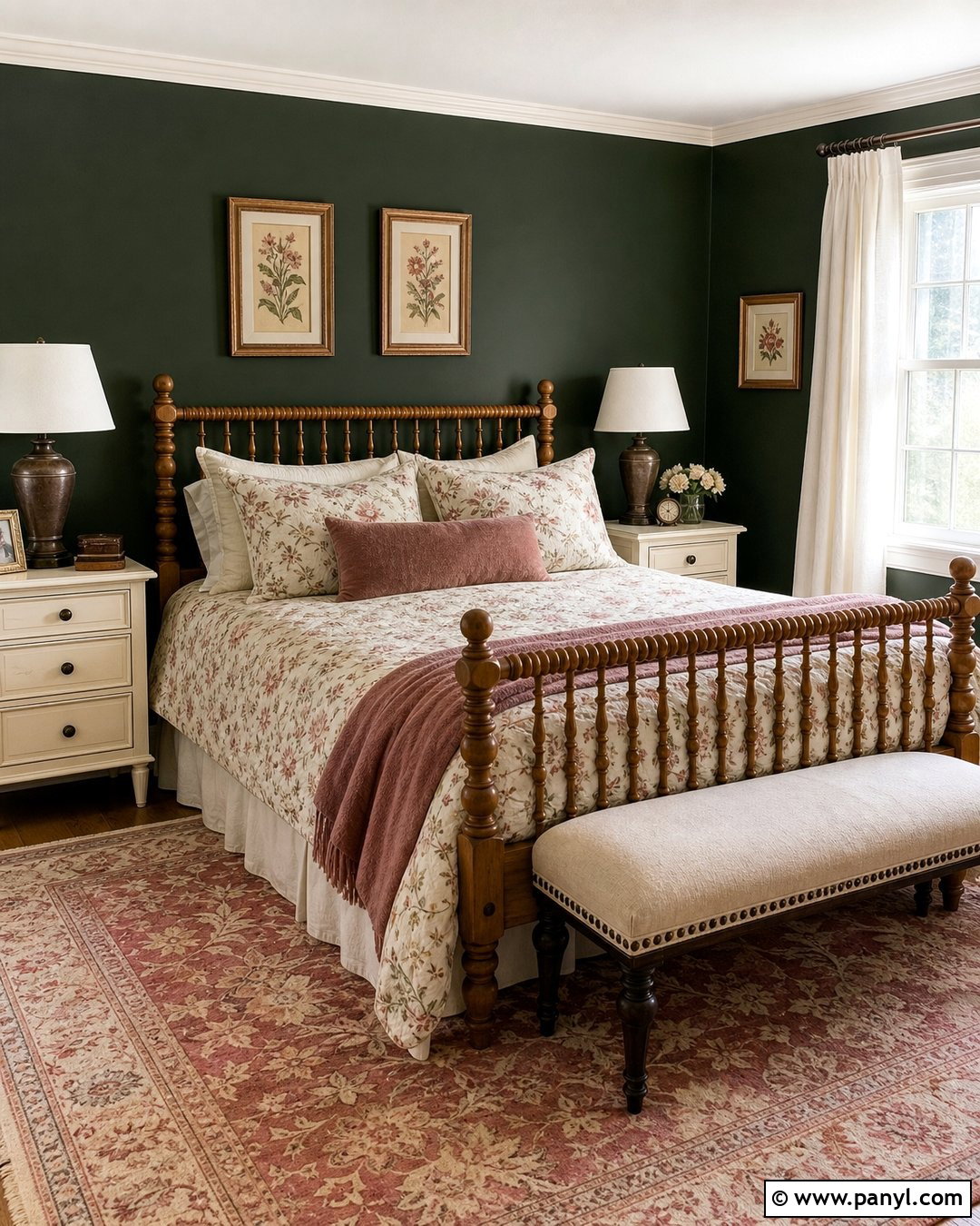 Dark Green Bedroom With Floral Bedding - 45 dark green walls