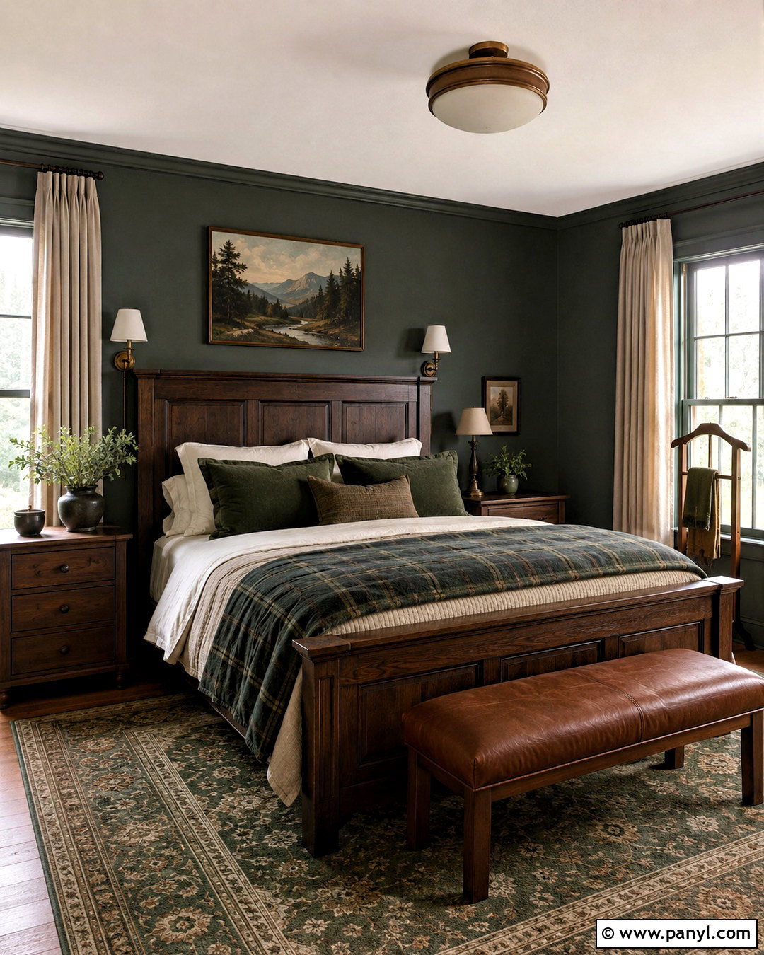 Dark Green Bedroom With Plaid Bedding - 20 dark green moody bedroom ideas