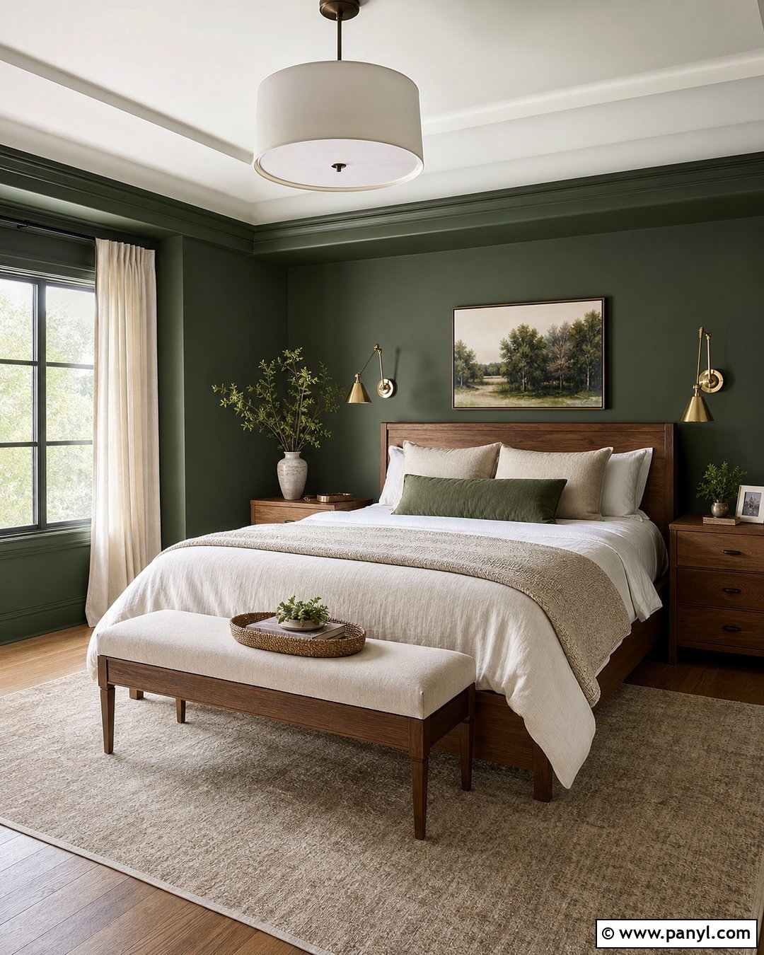 Dark Green Bedroom With Warm Wood - 20 Dark Green Color For Wall Ideas