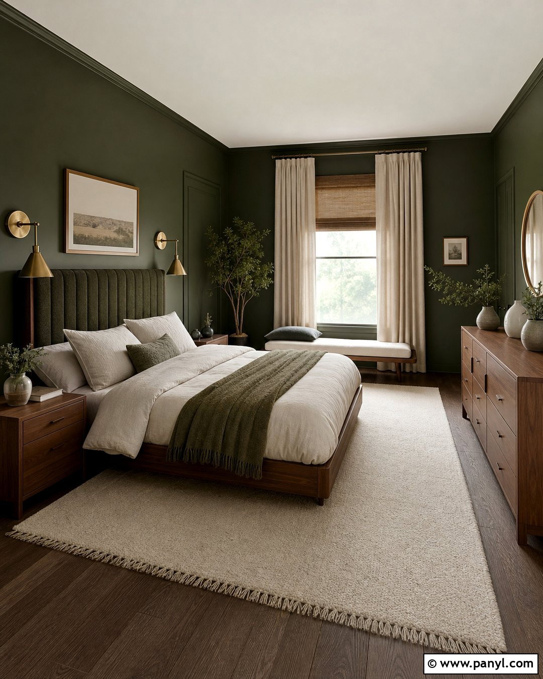Dark Green Bedroom With Wood Furniture - 50 green walls