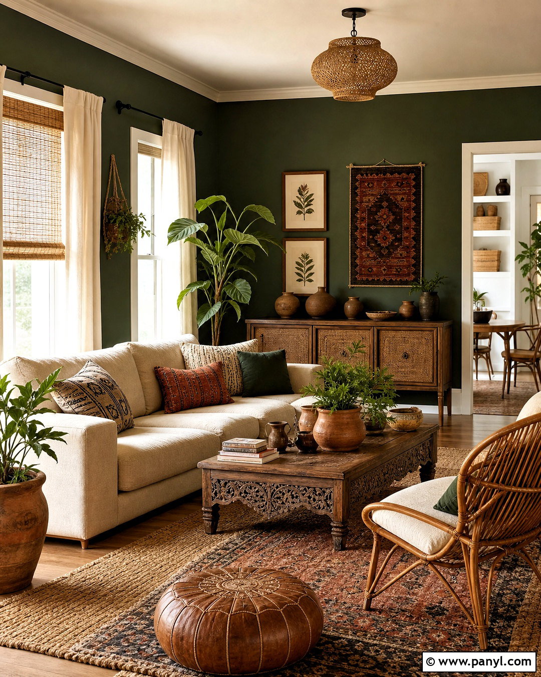 Dark Green Boho Living Room - 20 dark green walls living room ideas
