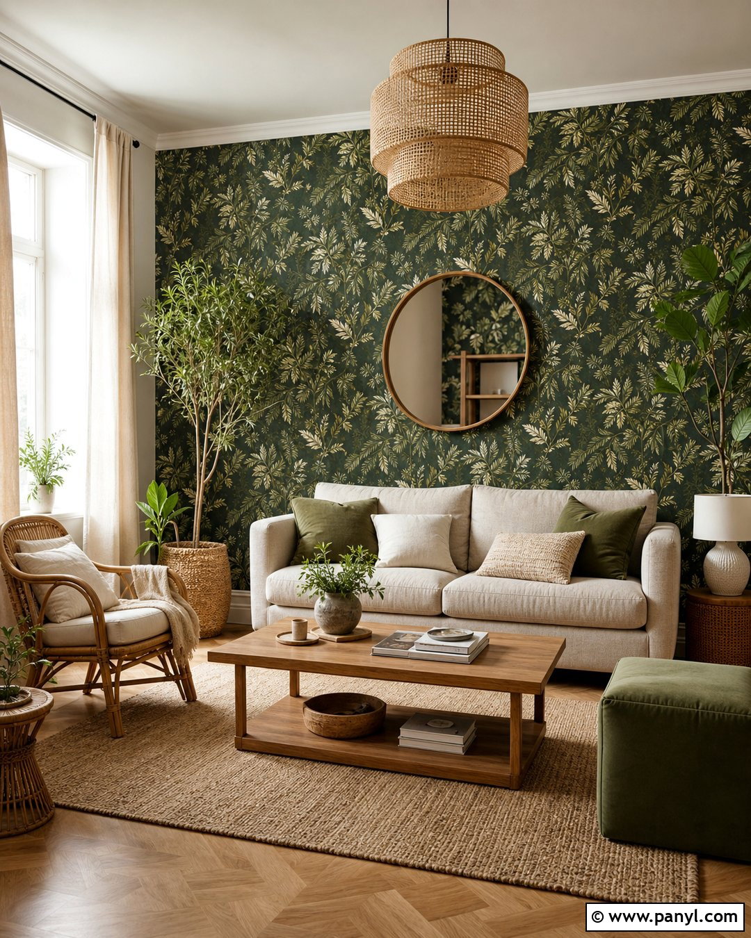 Dark Green Botanical Wallpaper Feature Wall - 30 Dark Green Feature Wall Living Room Ideas