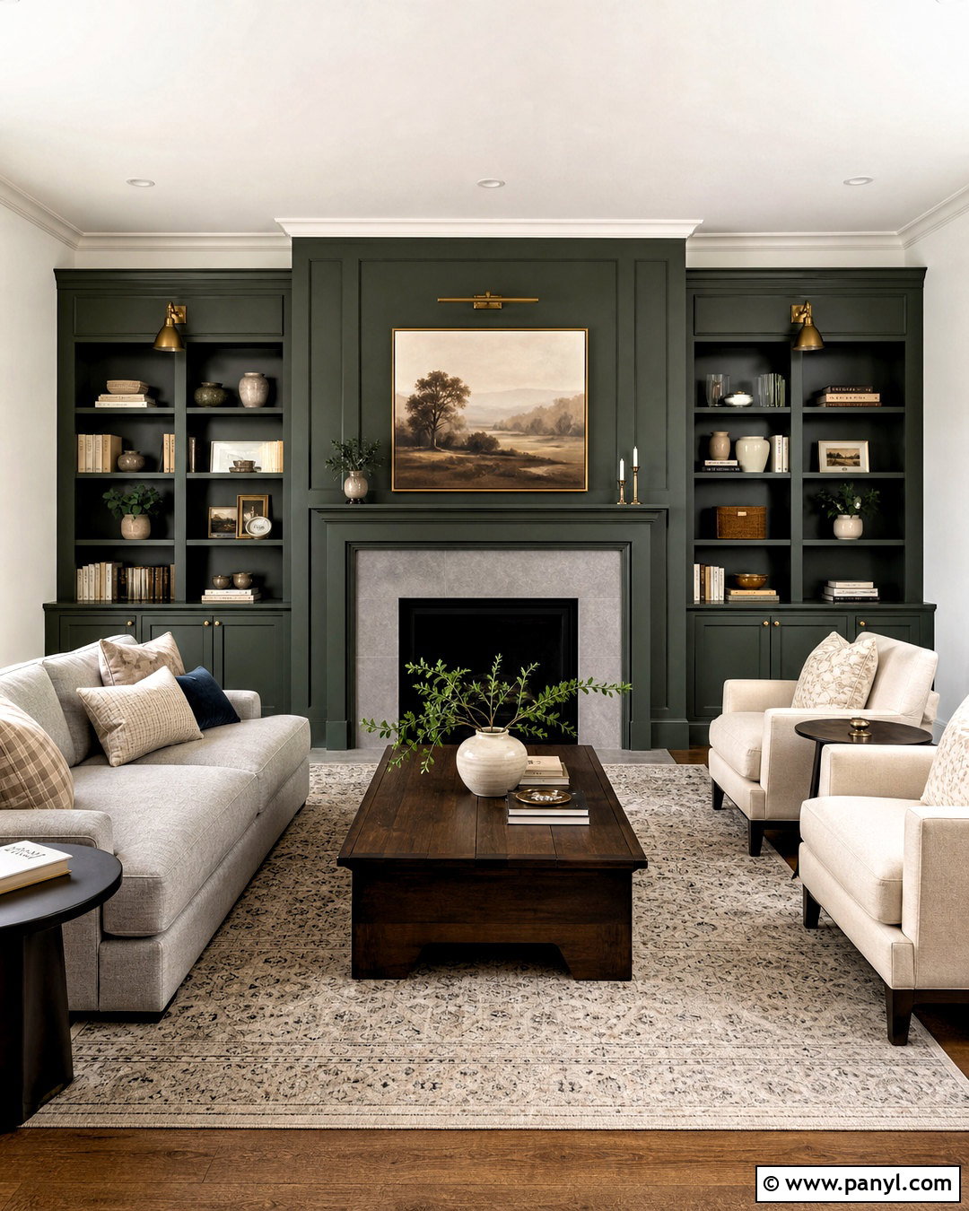 Dark Green Built-Ins With Grey Fireplace - 20 dark green and grey living room ideas