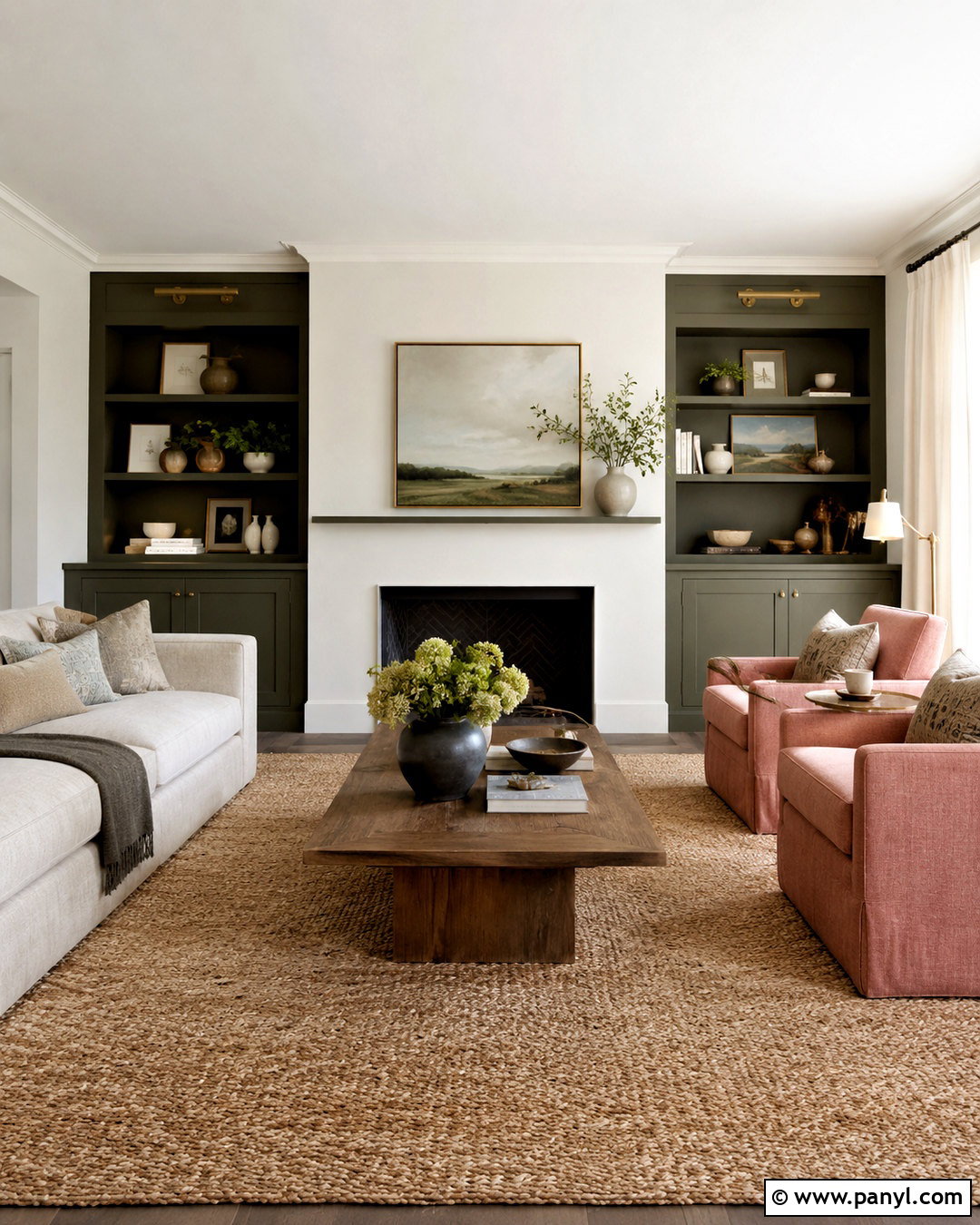 Dark Green Built-Ins With Pink Accent Chairs - 20 dark green and pink living room ideas