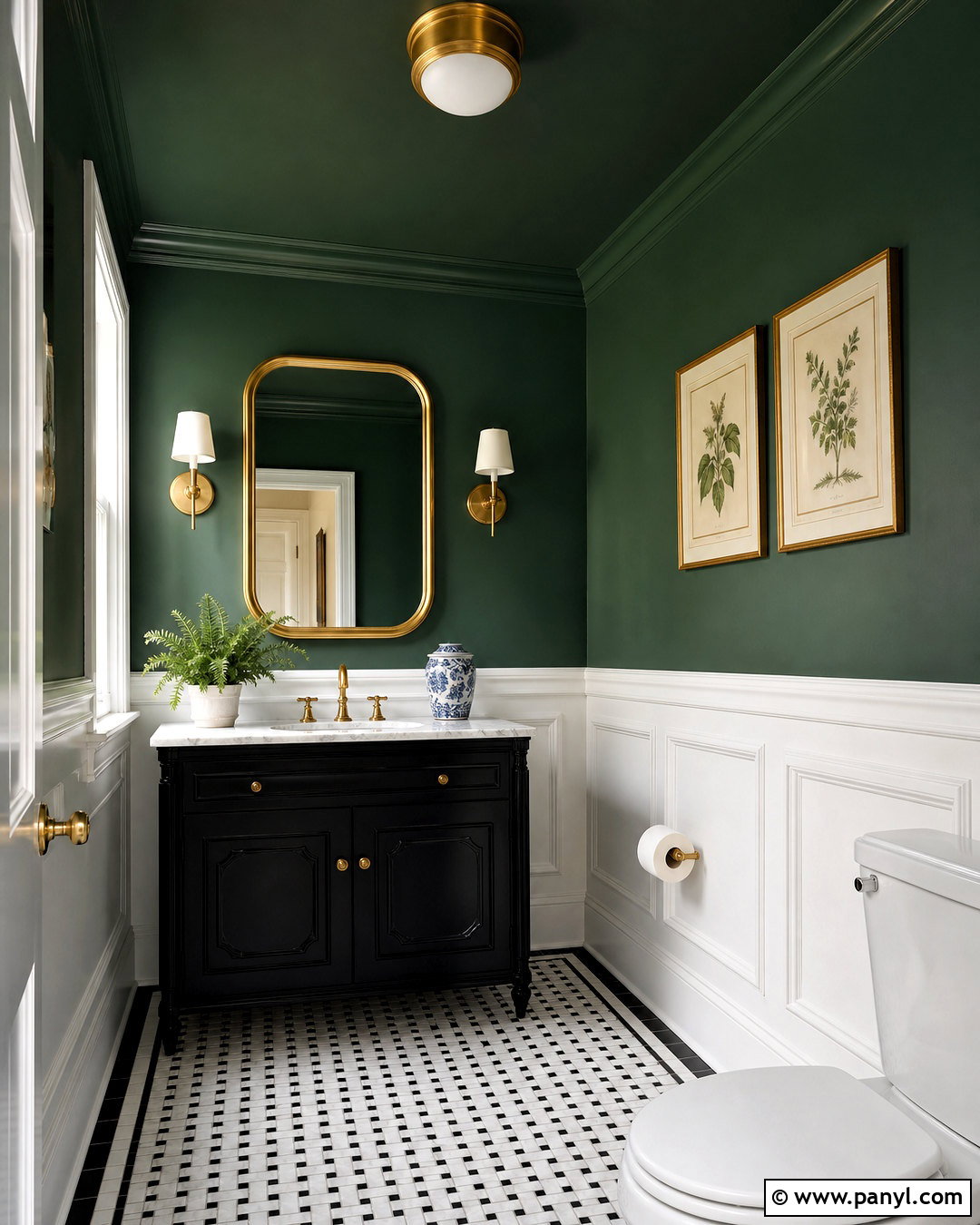 Dark Green Ceiling In A Powder Room - 20 green ceiling bathroom ideas