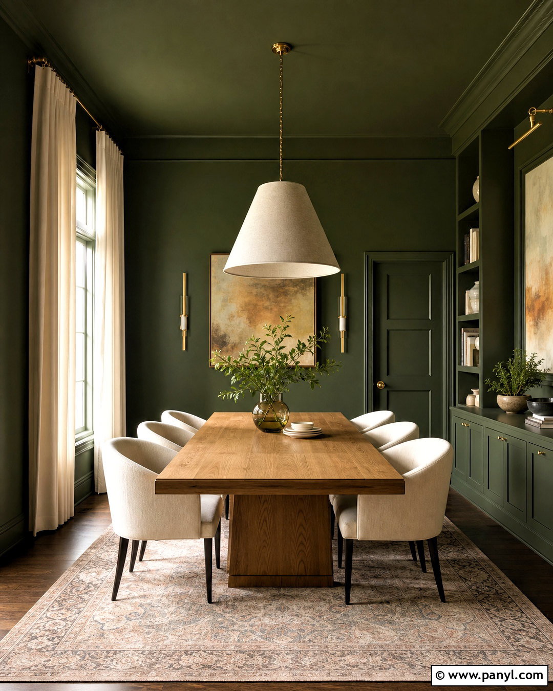 Dark Green Color Drenched Dining Room - 20 green wall color ideas