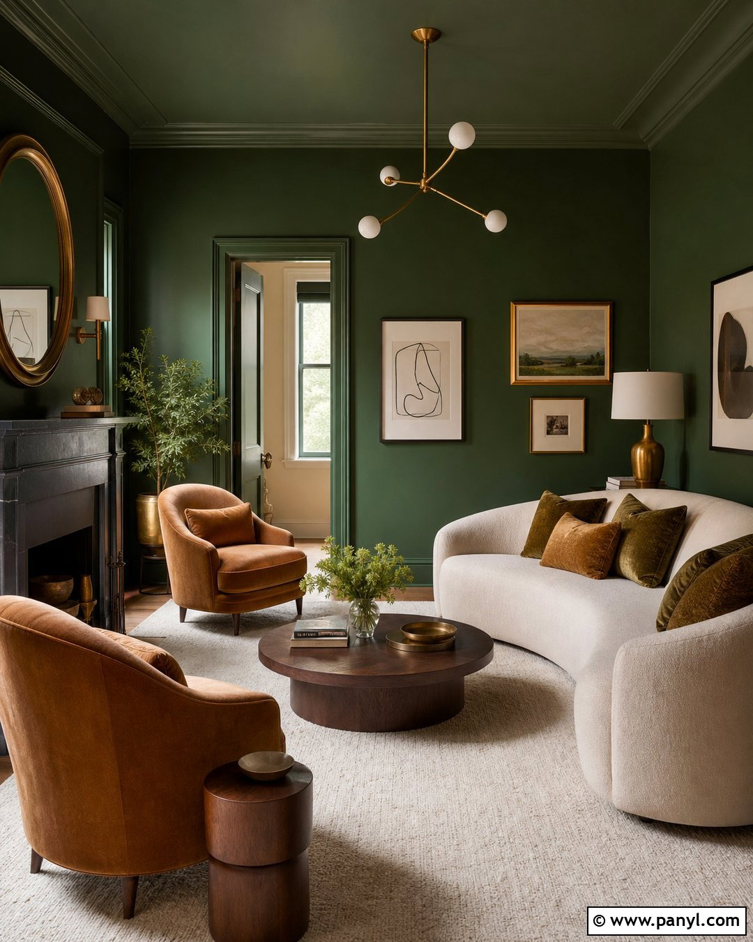 Dark Green Color Drenched Living Room - 30 Green Color Wall Ideas