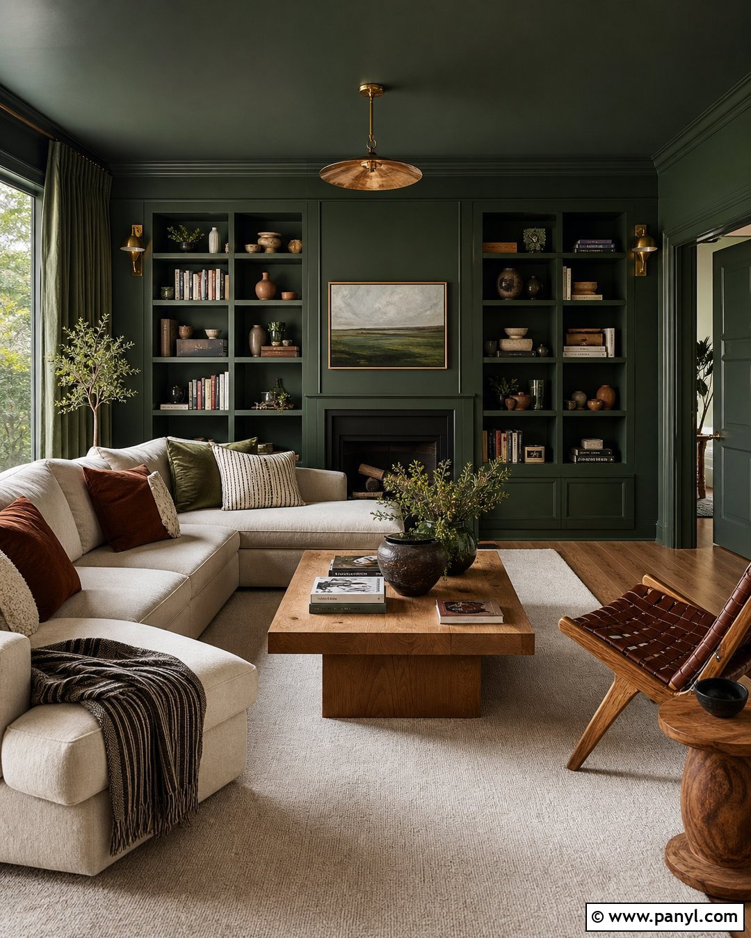 Dark Green Color-Drenched Living Room - 35 Dark Green Painted Walls