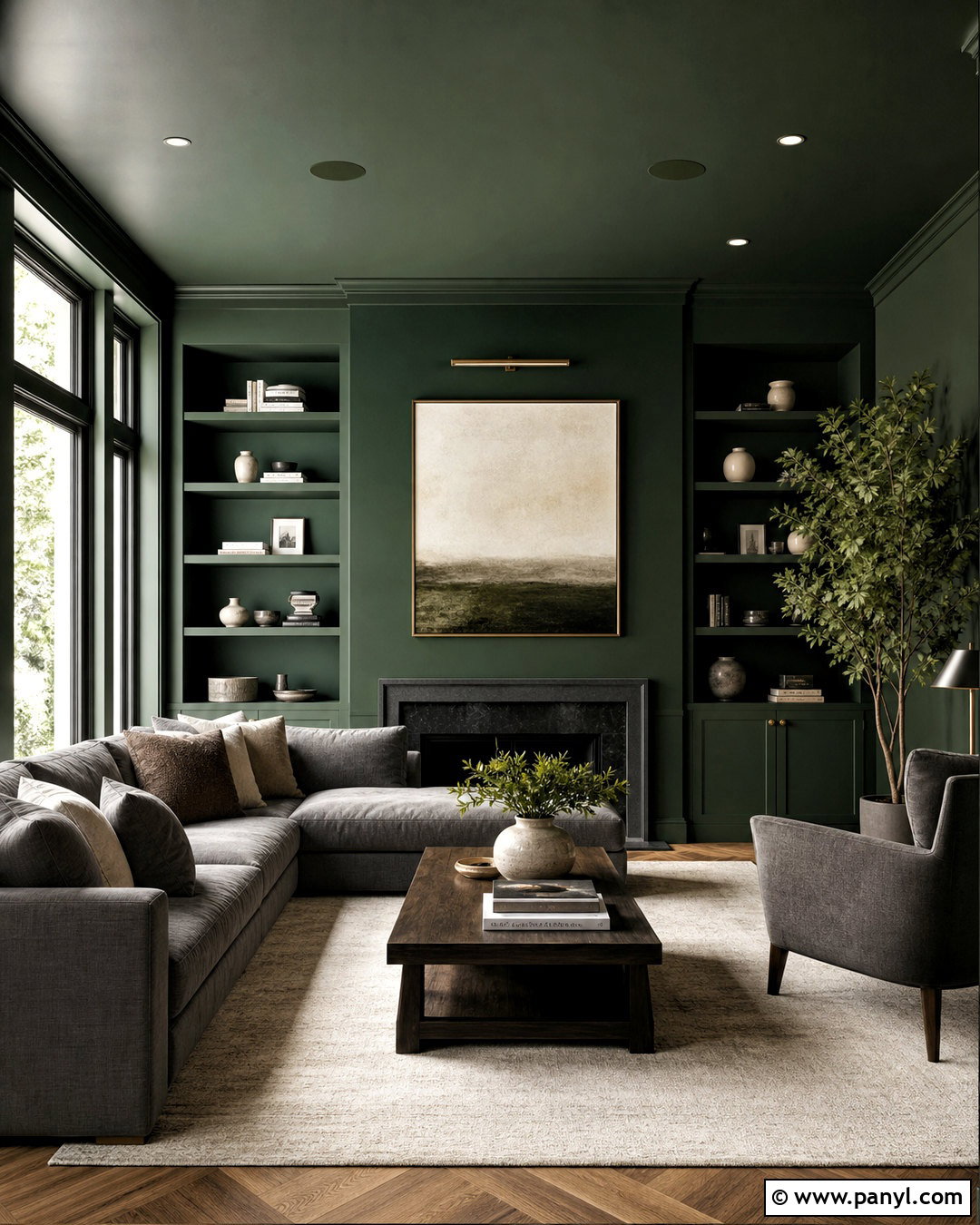 Dark Green Color-Drenched Living Room - 20 dark green and grey living room ideas