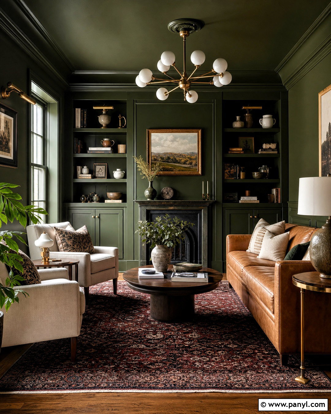 Dark Green Color Drenched Living Room - 20 dark green interior design ideas