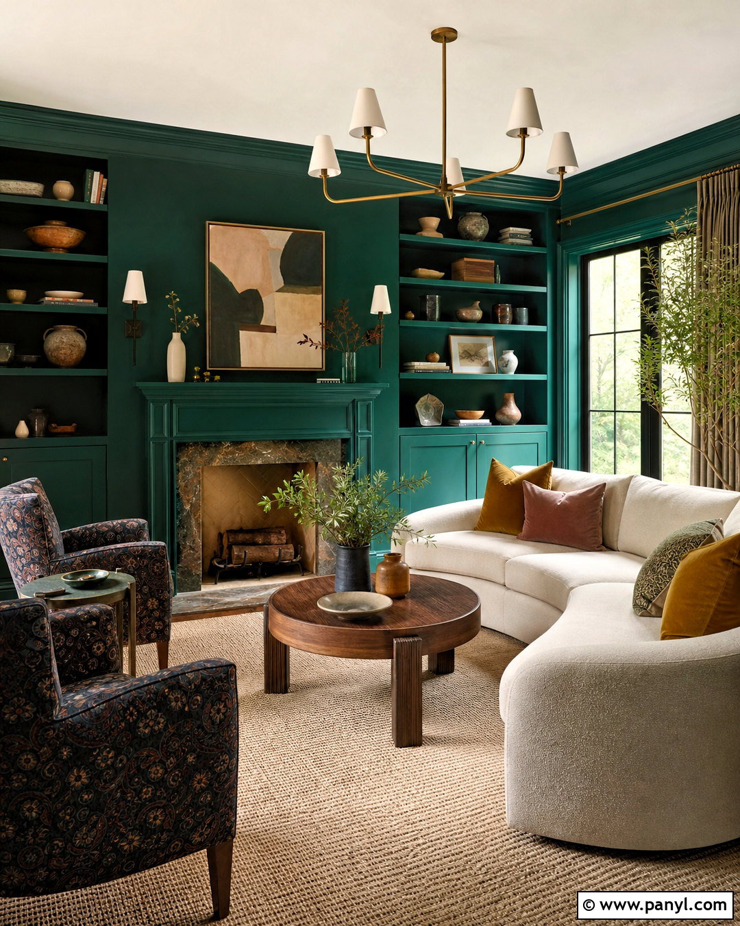 Dark Green Color-Drenched Living Room - 20 dark green interior ideas