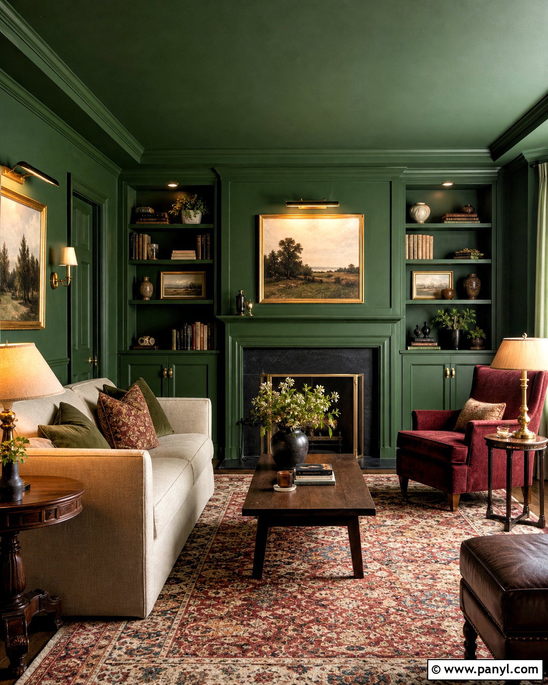 Dark Green Color Drenched Living Room - 20 dark green walls living room ideas