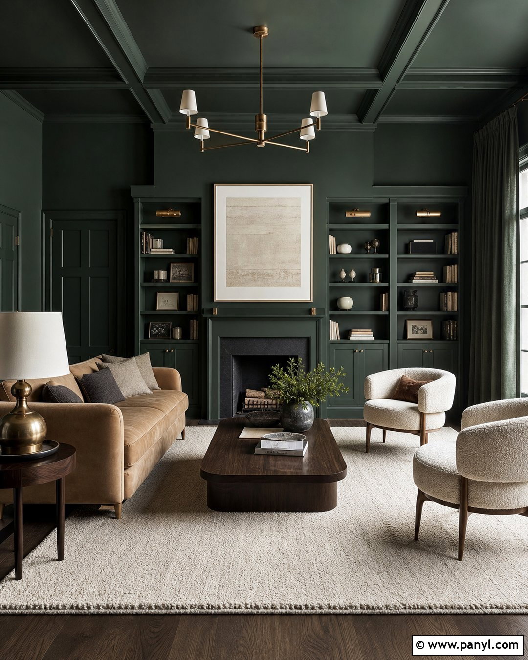 Dark Green Color-Drenched Living Room - 30 dark wall paint ideas