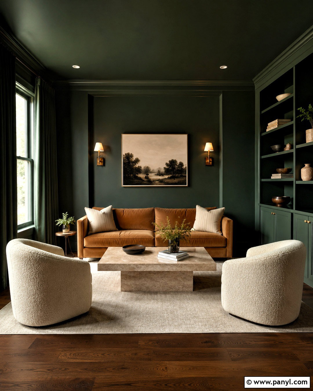 Dark Green Color Drenched Lounge - 20 dark green lounge ideas