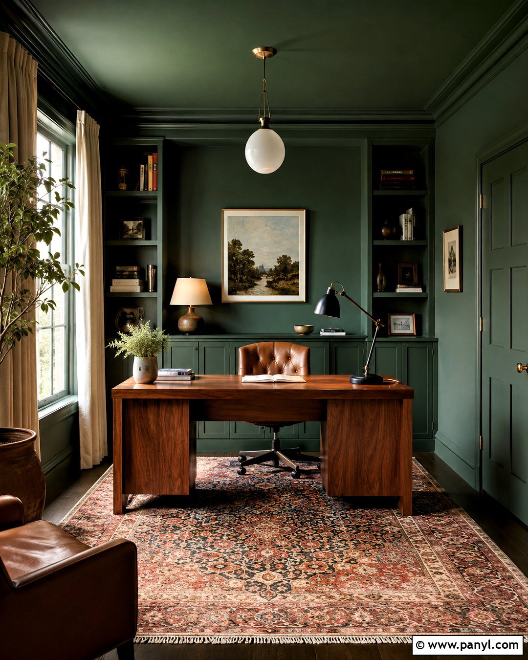 Dark Green Color Drenched Office - 20 dark green office ideas