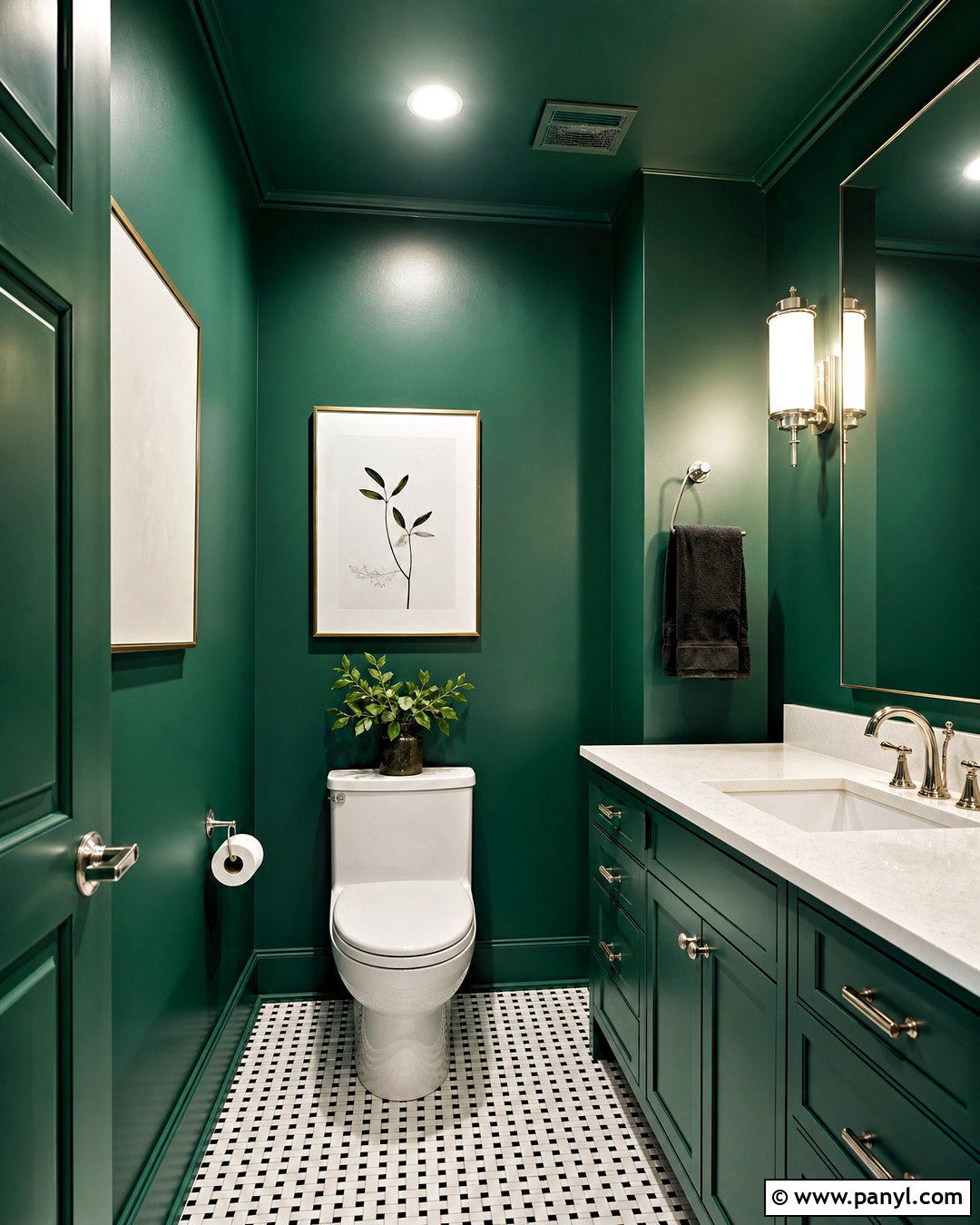 Dark Green Color-Drenched Powder Room - 20 dark green powder room ideas