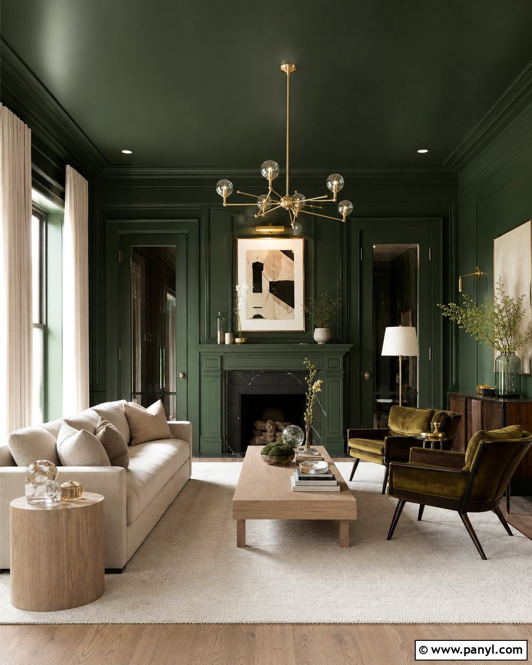 Dark Green Color Drenching With Light Flooring - 20 Dark Green Color For Wall Ideas