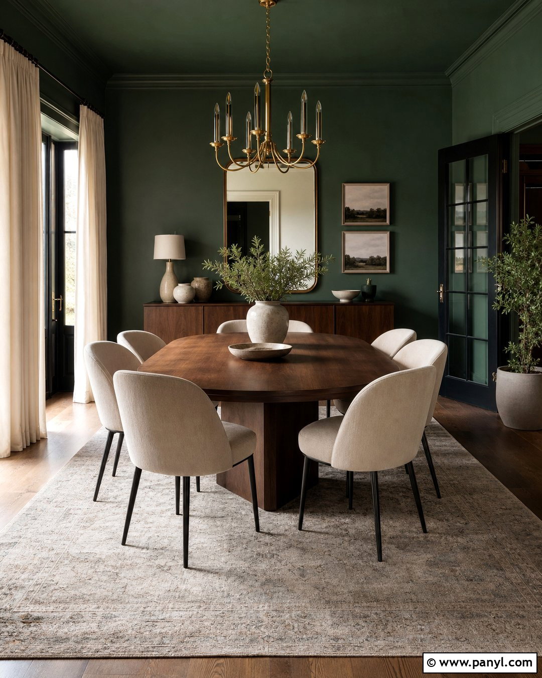 Dark Green Dining Room Wall With Brass Lighting - 30 dark green wall color ideas