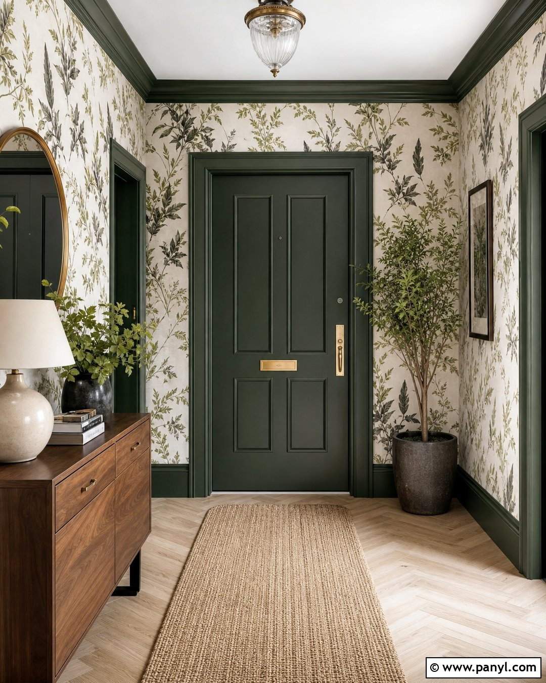 Dark Green Door With Botanical Wallpaper - 20 Green Door With Patterned Wall Ideas