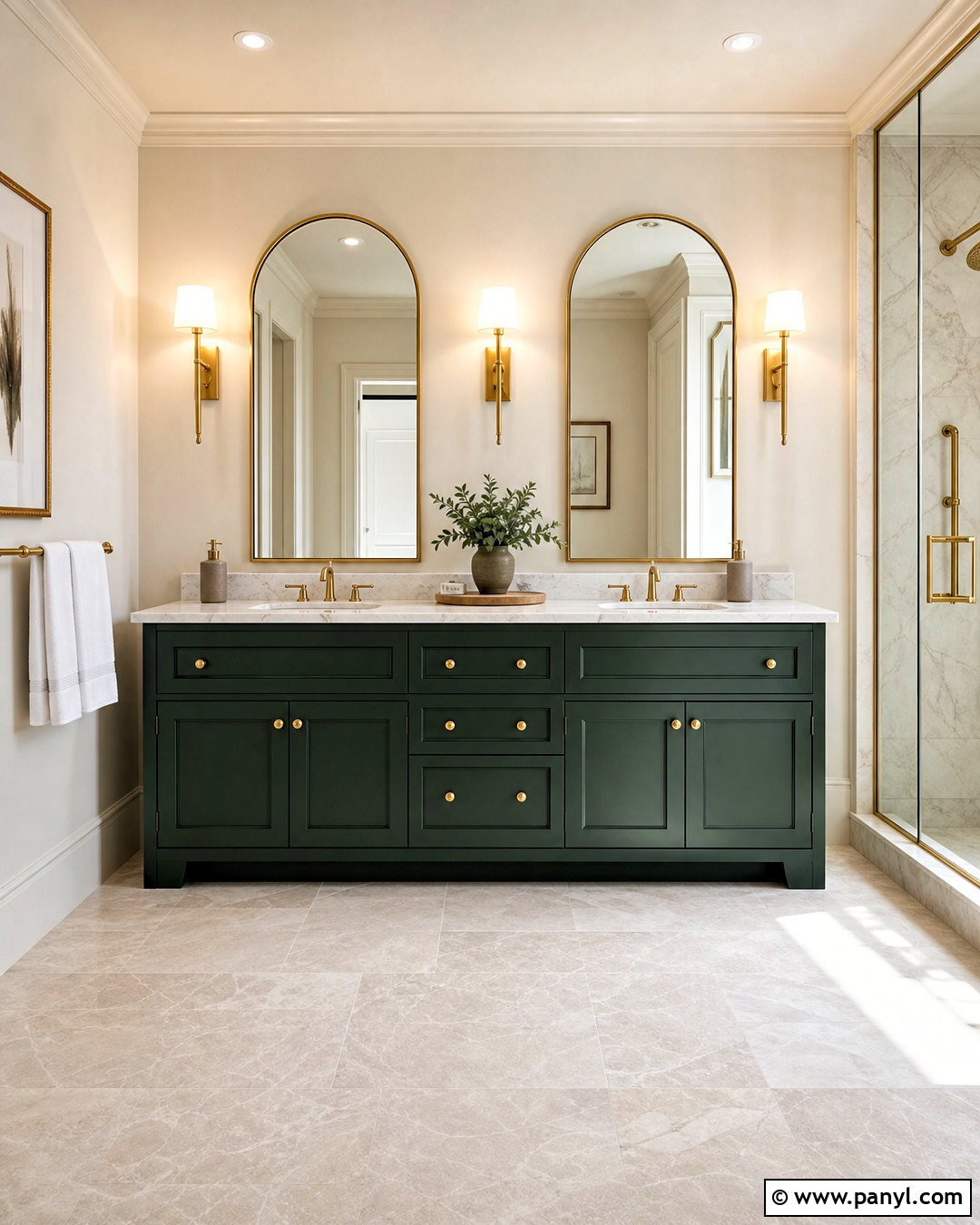 Dark Green Double Vanity With Gold Mirrors - 20 dark green and gold bathroom ideas