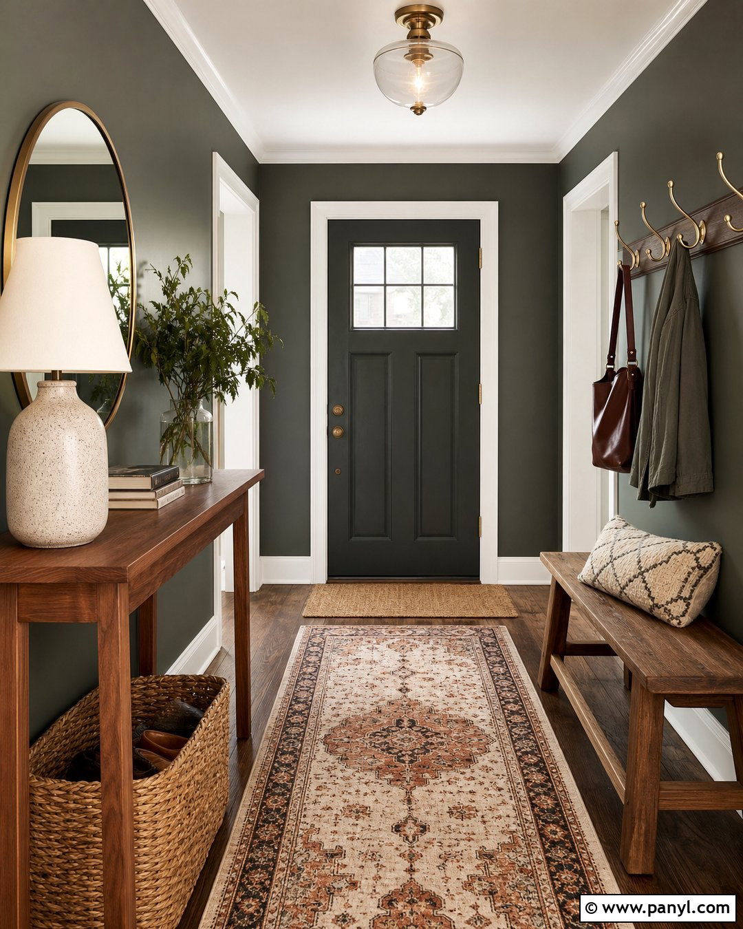 Dark Green Entryway Wall With Wood Console - 30 dark green wall color ideas